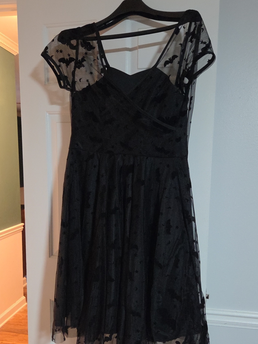 Black Sheer-Overlay Midi Dress with Bat Pattern